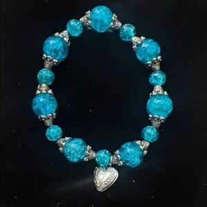Turquoise Crystal Heart Charm Stretch Bracelet - Women Jewelry